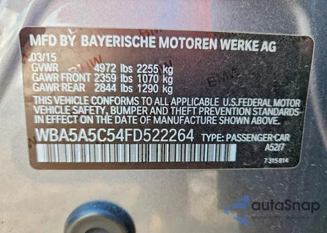 2015 BMW 528 I z USA, uszkodzony, nr VIN WBA5A5C54FD522264